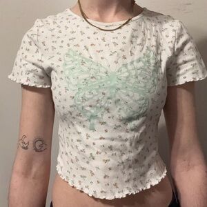 Floral Print White Top with Butterfly Design